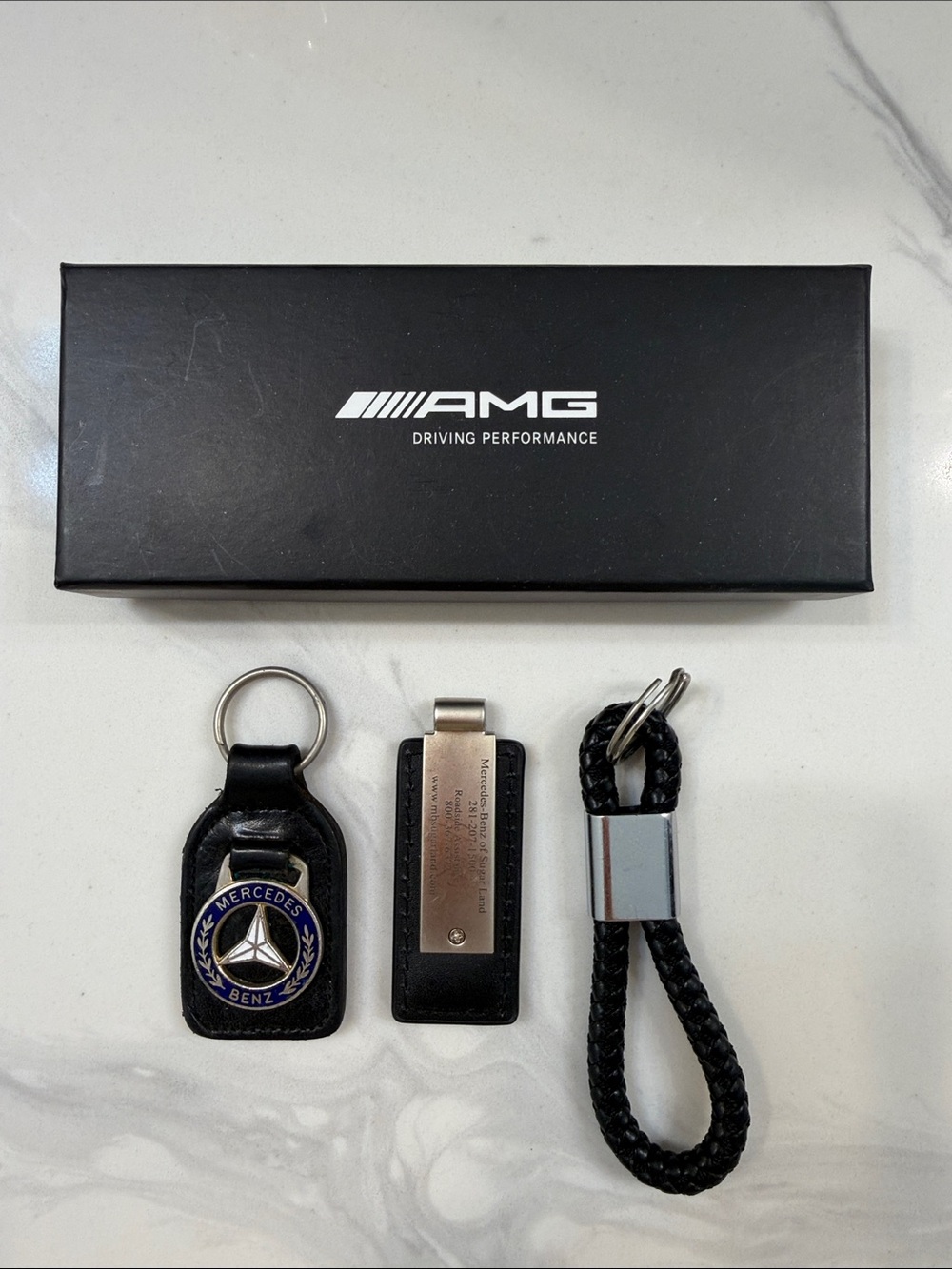 AMG Black Leather & Metal Keychain Set - Mercedes-Benz